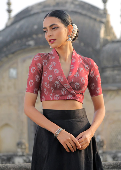 Maroon Printed Wrap Style Short Sleeves Blouse