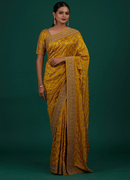 Mehandi Stone Work Crepe Saree