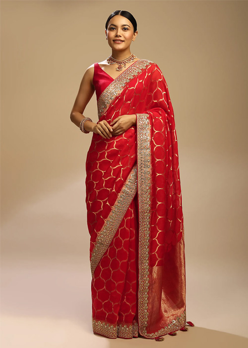 Moroccan Jaal Embroidered Red Saree
