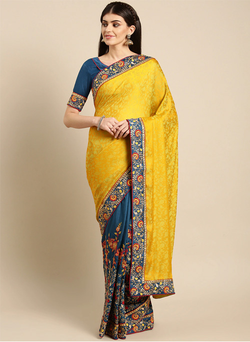 Mustard Yellow & Blue Woven Design Half and Half Saree