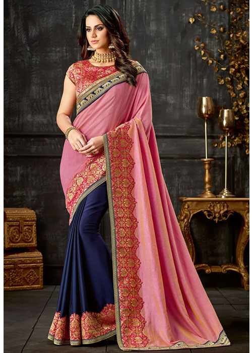 Navy Blue And Pink Half Saree