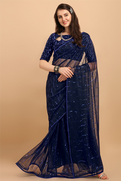 Navy Blue Sequin Work Net Saree