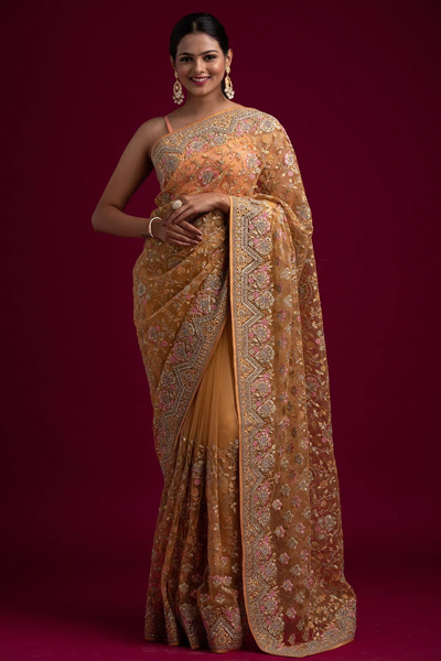 Net Zari Work Mustard Saree