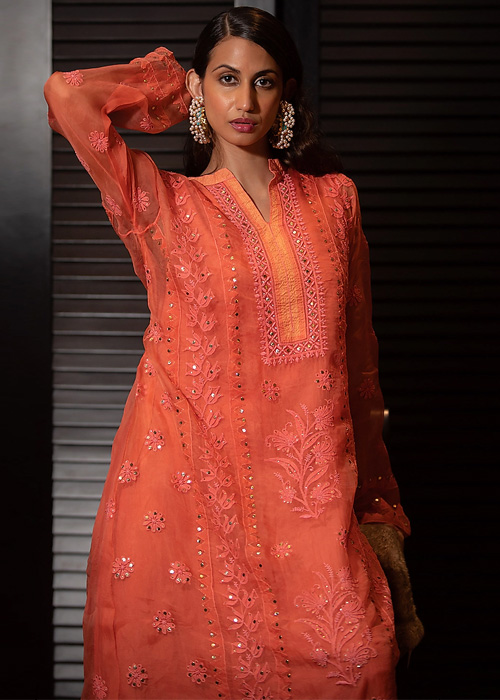 Orange Chikankari Kurti