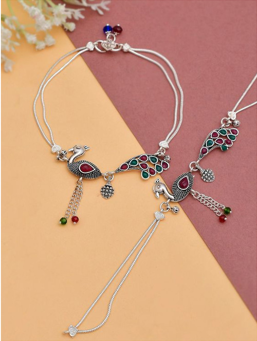 Peacock Style Stone Studded Silver Anklets