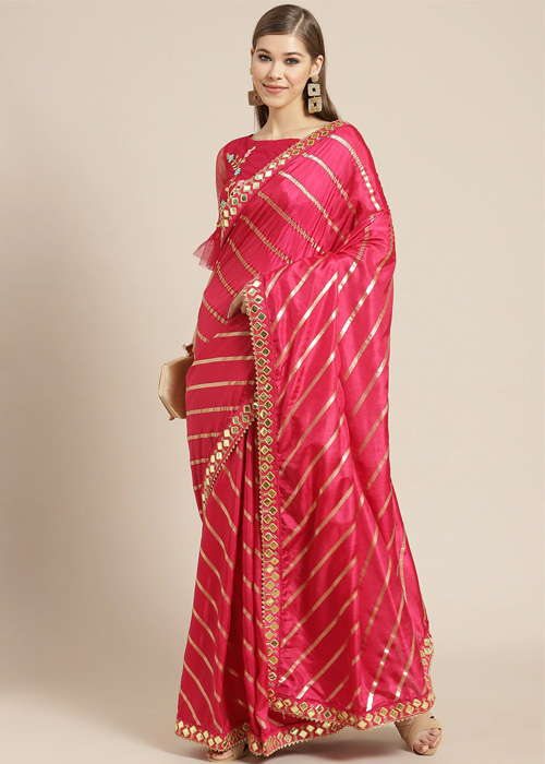 Pink And Golden Lehariya Saree