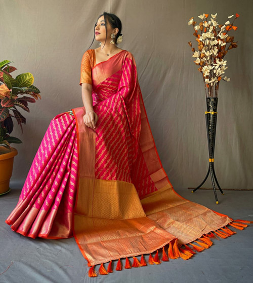 Pink And Orange Patola Silk Saree