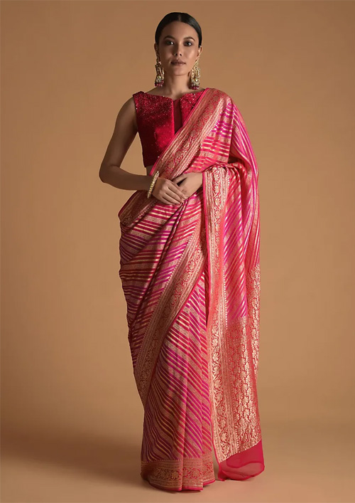 Pink And Red Lehariya Saree