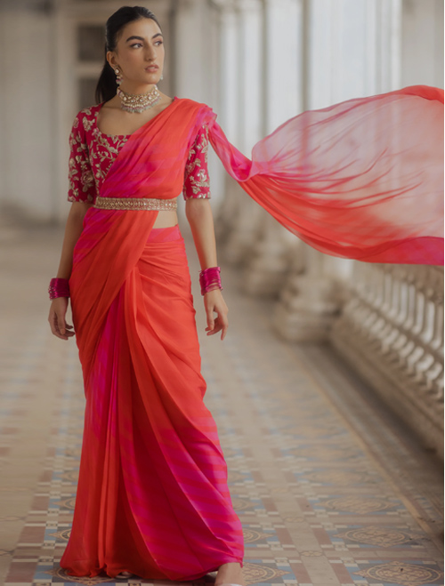 Pre Stiched Saree With Designer Blouse