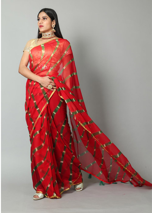 Red And Green Lehariya Saree