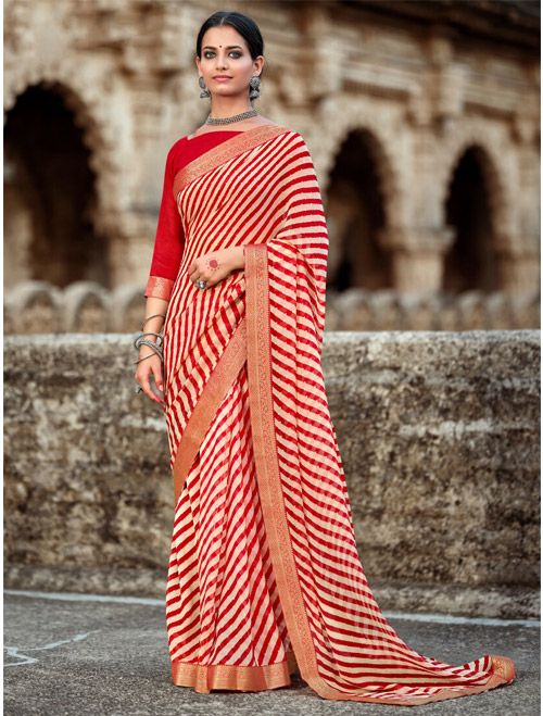 Red And White Lehariya Saree