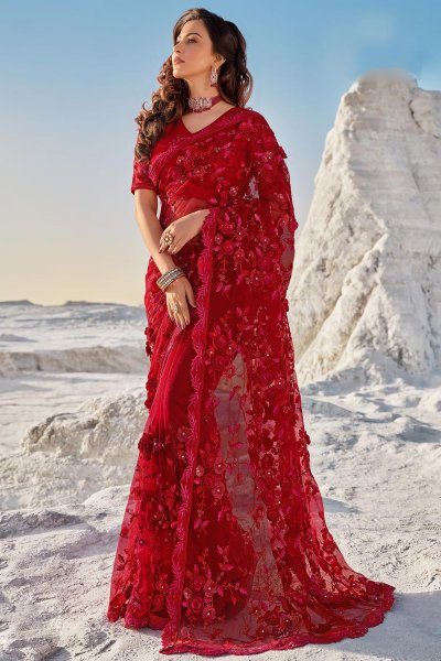 Red Embroidered Net Saree