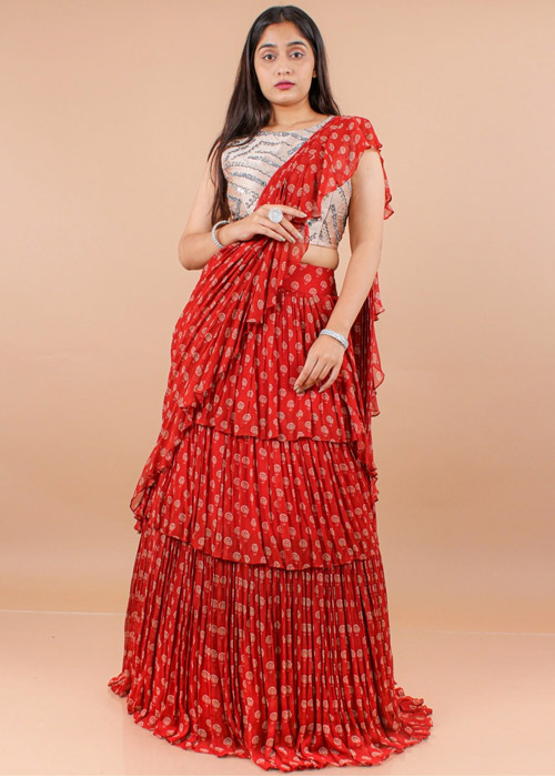 Red Georgette Lehenga Saree