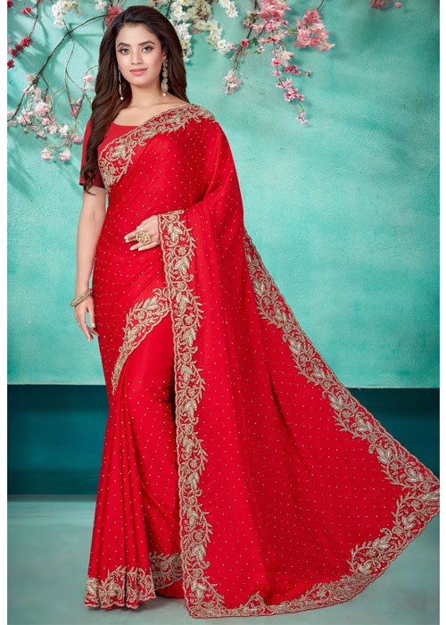 Red Hand Embroidered Saree