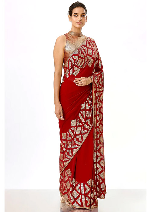 Red Saree With Golden Border And Golden Work