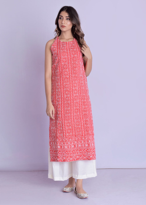 Red Sleeveless Chikankari Kurti