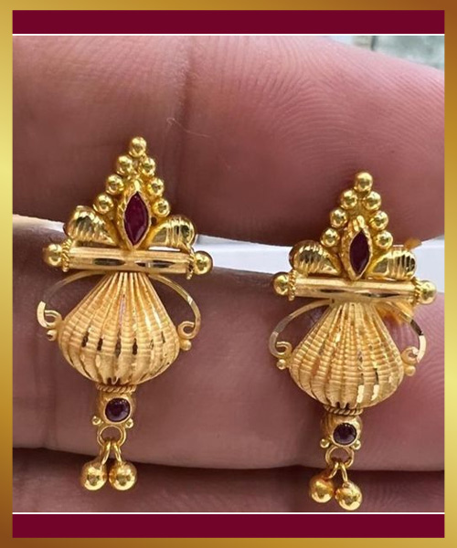 Red Stone Studded Drop Gold Earrings