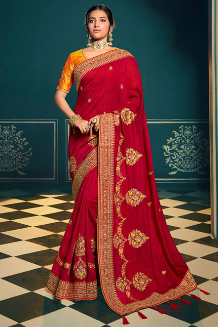 Red chiffon Saree With Yellow Blouse