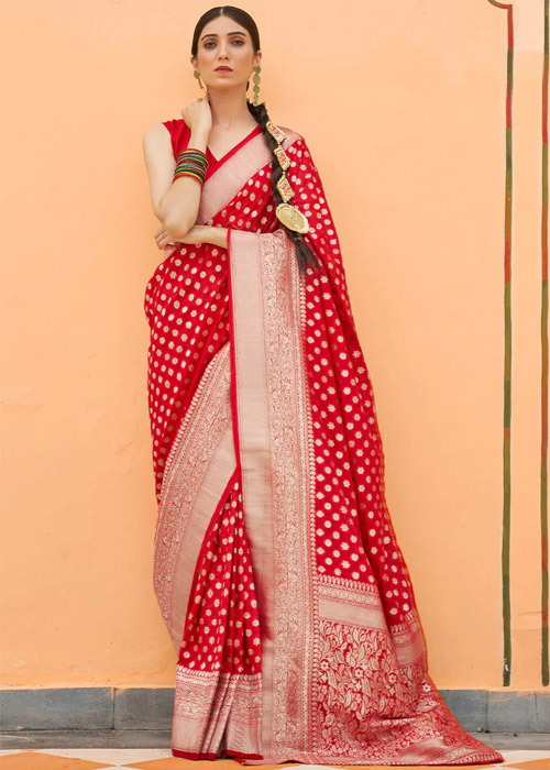 Rose Red Saree With Broad Golden Border