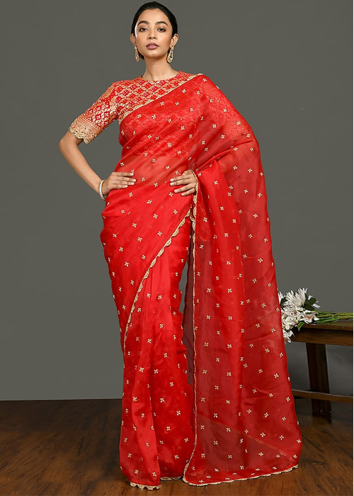 Sequin Work Red Saree