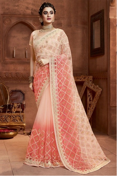 Shaded Embroidered Saree In Net Fabric