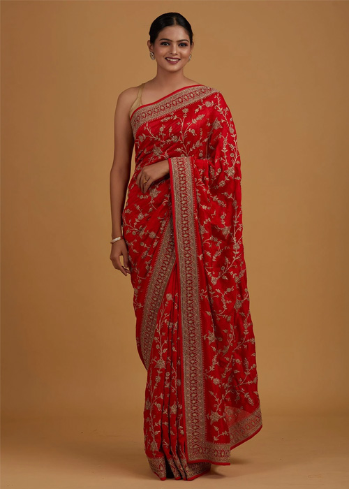 Stone Work Red Saree