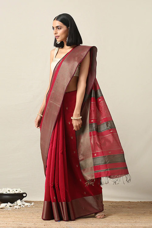 Cotton Silk Maheshwari Saree In Red
