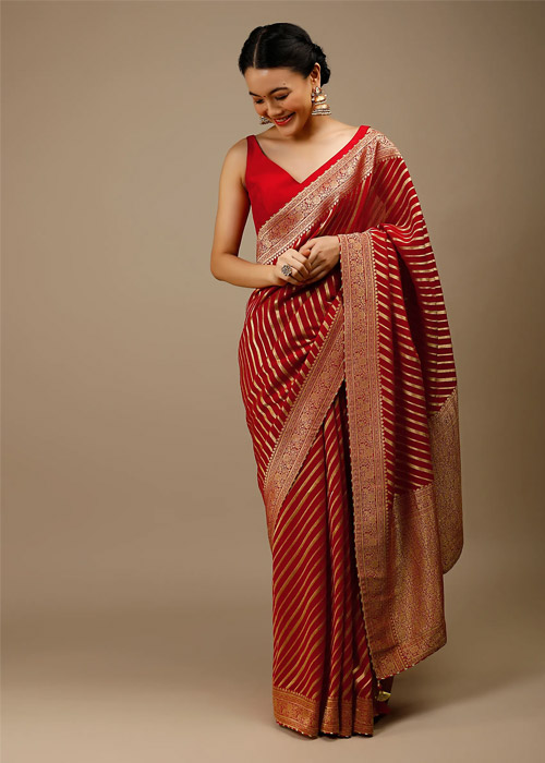 Stripe Print Red Saree