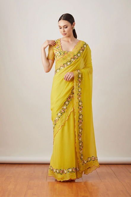 Stylish Yellow Chiffon Saree