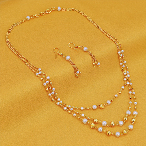 Three Layer Pearl Gold Beads Necklace