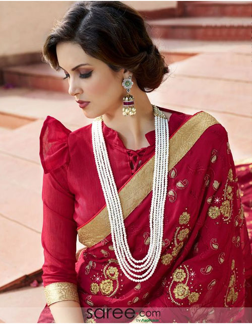 Three Quarter Sleeves Red High Neck Blouse Design