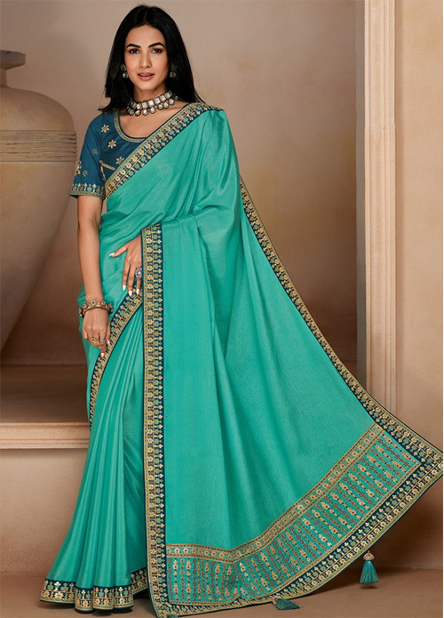 Turquoise Blue Crepe Saree