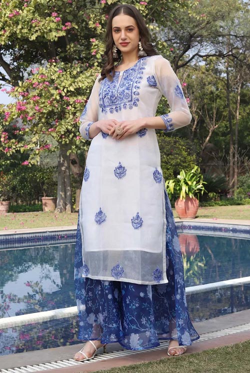 White And Blue Organza Kurti