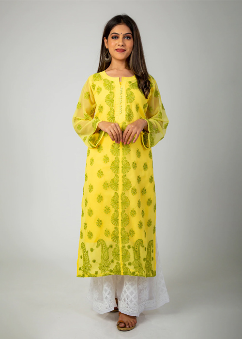 Yellow Chikankari Kurti With Green Thread Work