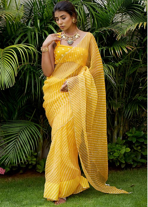 Yellow Printed Lehariya Saree