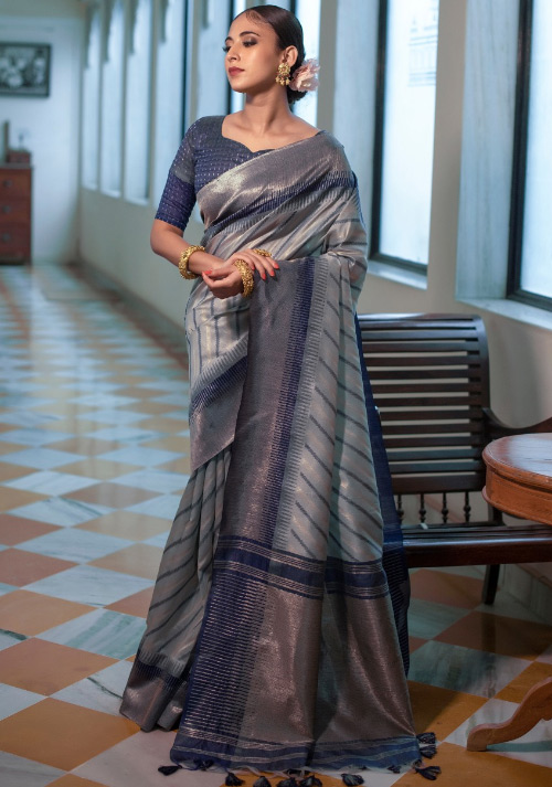 Grey Tussar Silk Saree