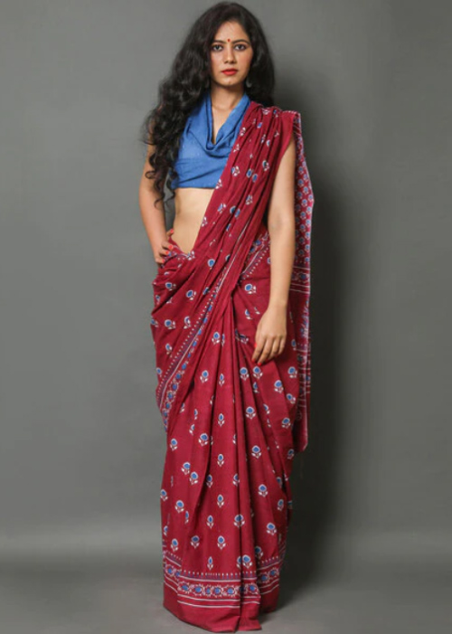 Maroon Saree With Sky Blue Blouse