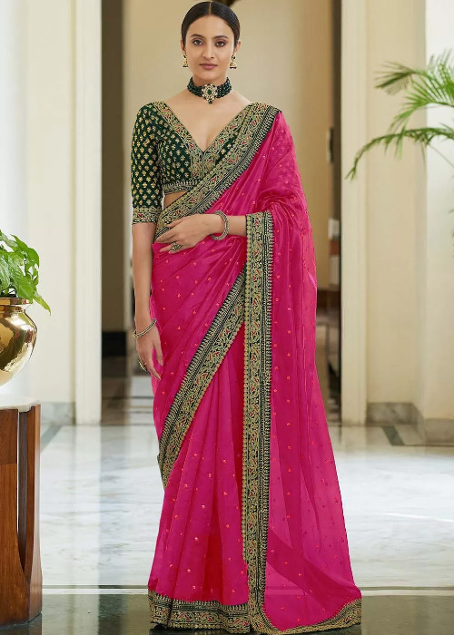 Pink Saree With Green Border