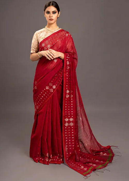 Red Jamdani Silk Saree