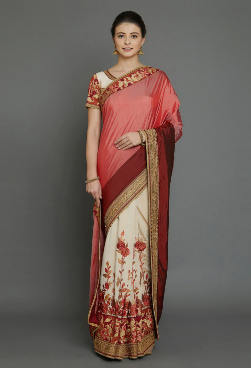 Burgundy And Pink Half Saree