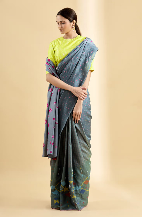 Grey Cotton Silk Saree With Yellow Blouse