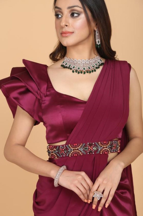 Wine Color Blouse With Wine Saree