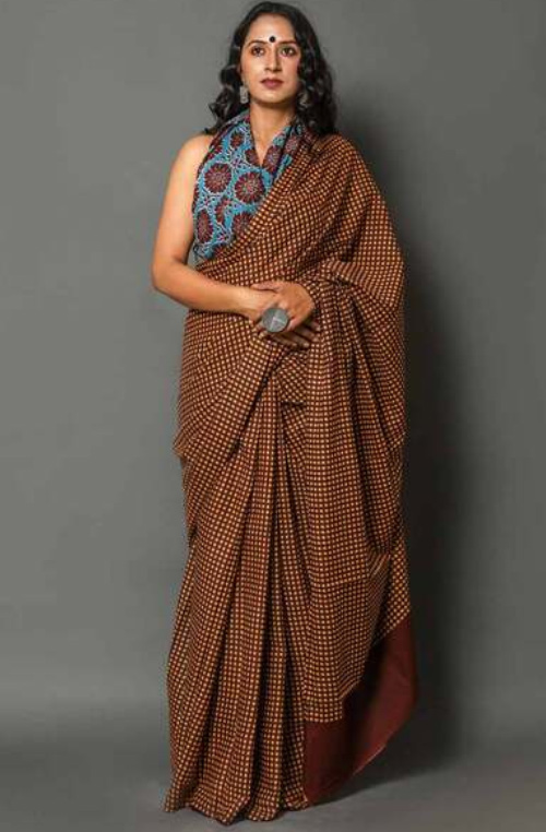 Brown Cotton Saree With Sky Blue Blouse