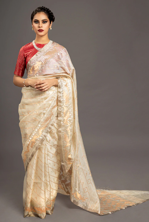 Beige Color Pure Tussar Silk Saree