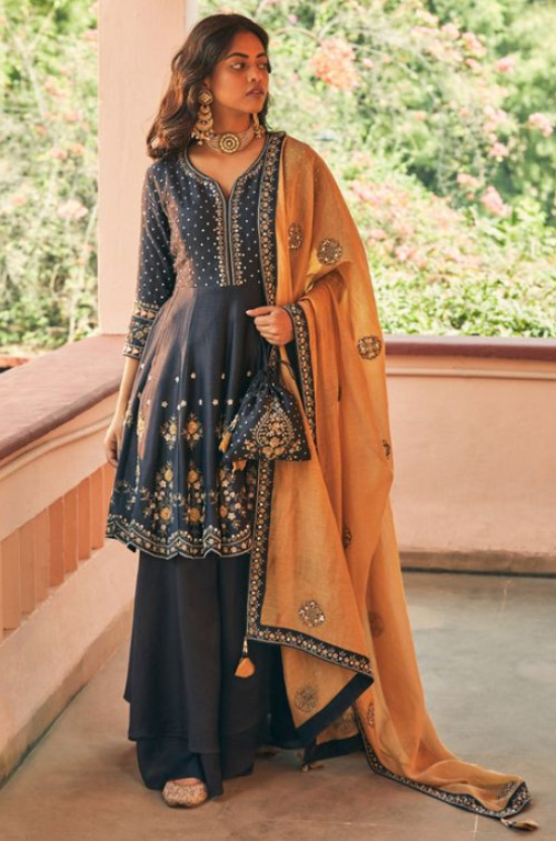 Blue Kurti With Mustard Dupatta