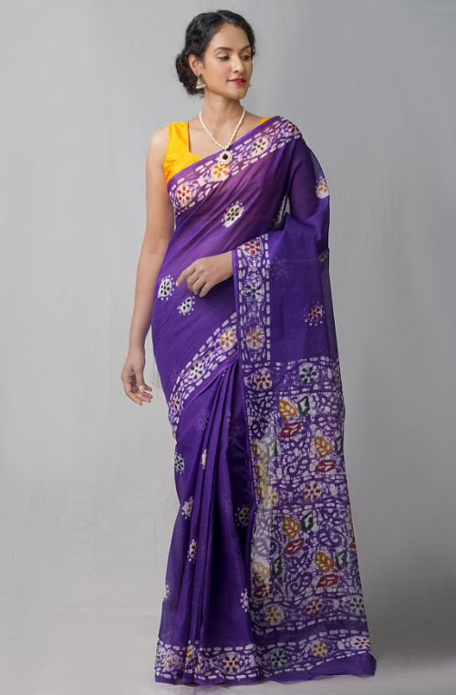 Purple Saree With Yellow Blouse