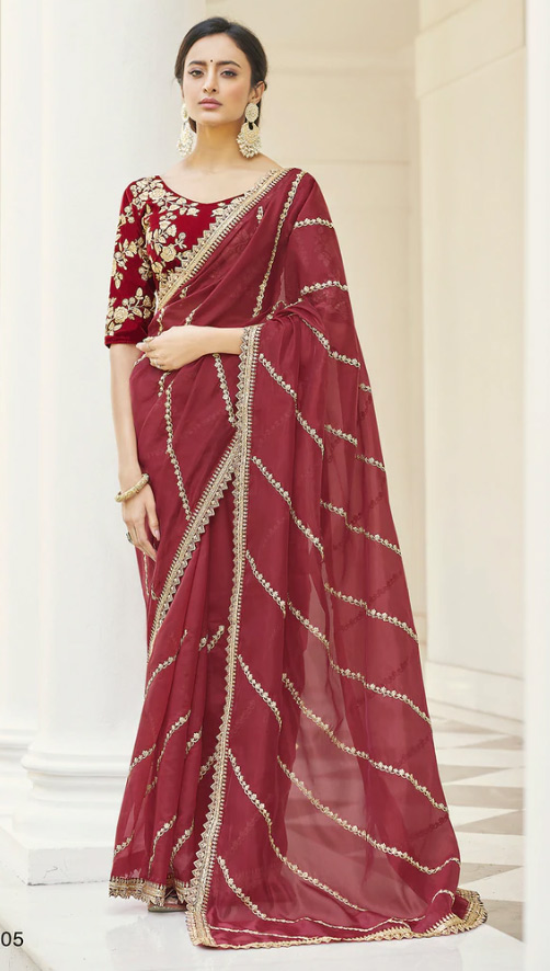Maroon Saree With Velvet Blouse