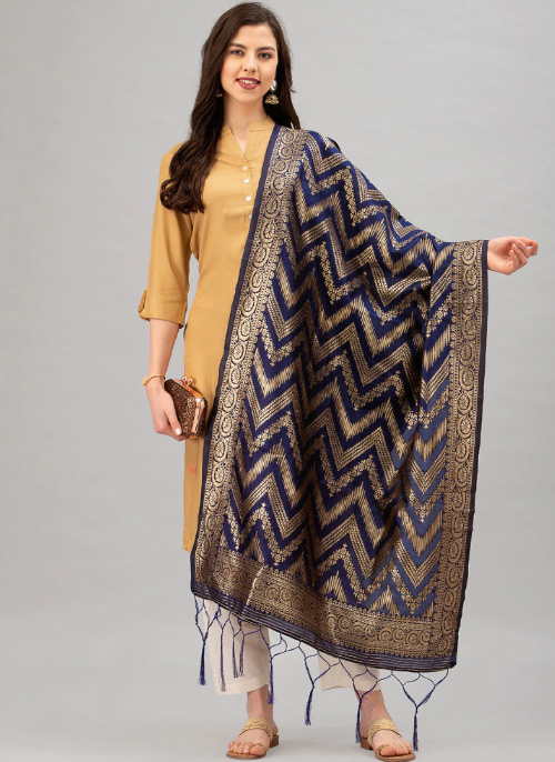 Navy Blue Woven Design Dupatta