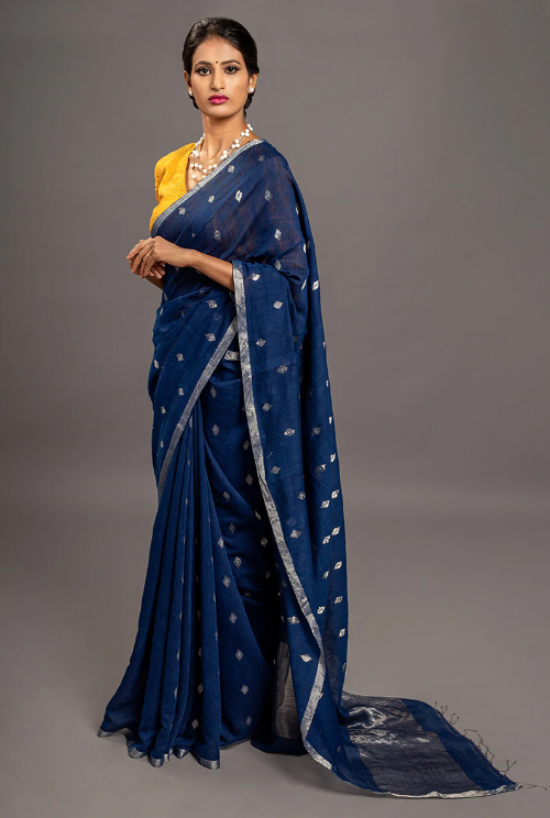 Navy Blue Tussar Silk Saree