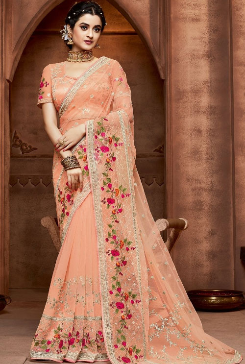 Floral Embroidered Pink Saree